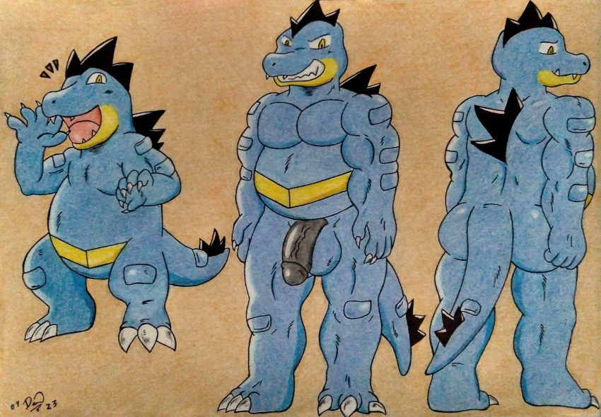 3_toes 5_fingers alligator alligatorid alternate_color anthro balls barazoku belly biceps big_balls big_belly big_butt big_muscles black_penis blue_body butt claws crocodilian dashthefox feet feraligatr fingers front_view generation_2_pokemon genitals grin happy hi_res huge_belly humanoid_genitalia humanoid_penis male manly model_sheet moobs musclegut muscular muscular_anthro muscular_male nintendo nude open_mouth orange_background overweight overweight_anthro overweight_male pecs penis pokemon pokemon_(species) rear_view reference_image reptile scalie sharp_claws sharp_fangs sharp_teeth simple_background smile solo standing tail teeth thick_tail toes tongue traditional_media_(artwork) vein veiny_penis yellow_eyes