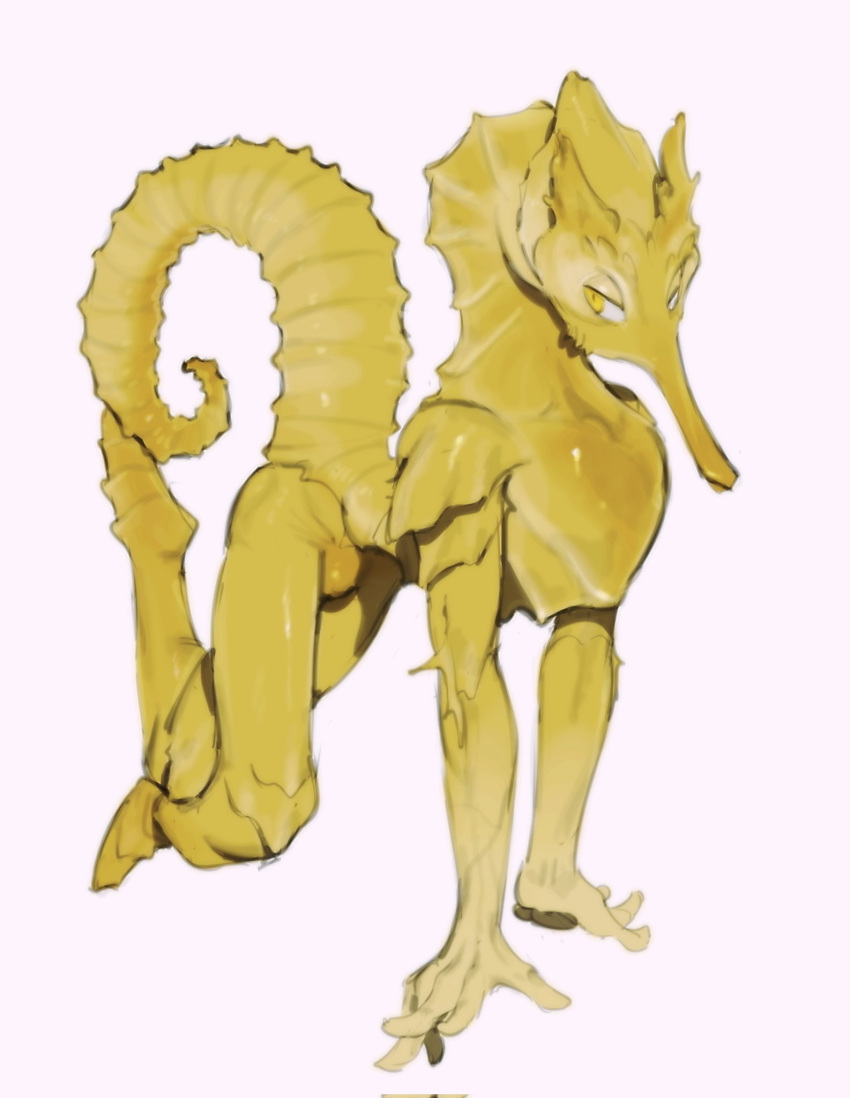 2023 all_fours anthro biped digital_media_(artwork) fish hi_res kogito male marine pose seahorse simple_background solo syngnathid syngnathiform tail white_background yellow_body yellow_eyes