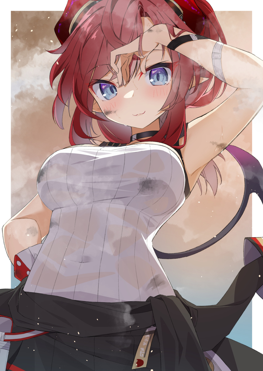 1girl :3 absurdres arm_up blue_archive blue_eyes breasts brown_background closed_mouth collar dirt highres horns jacket large_breasts looking_at_another medium_breasts megu_(blue_archive) pointy_ears red_hair simple_background sleeveless solo steam sweat tail toketacocoa