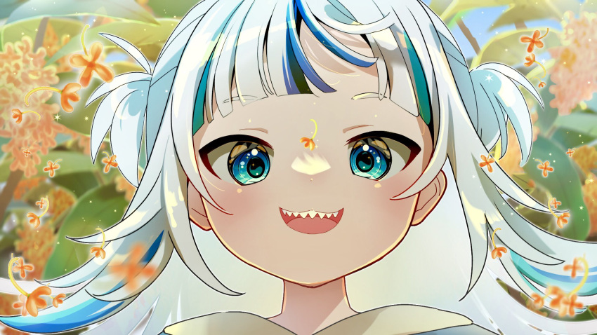 1girl :3 blue_eyes blue_hair blunt_bangs blurry blurry_background blurry_foreground blush commentary dot_nose falling_petals gawr_gura highres hololive hololive_english looking_at_viewer makugiga medium_hair multicolored_hair open_mouth osmanthus petals plant portrait sharp_teeth sidelocks smile solo streaked_hair teeth two_side_up virtual_youtuber white_hair