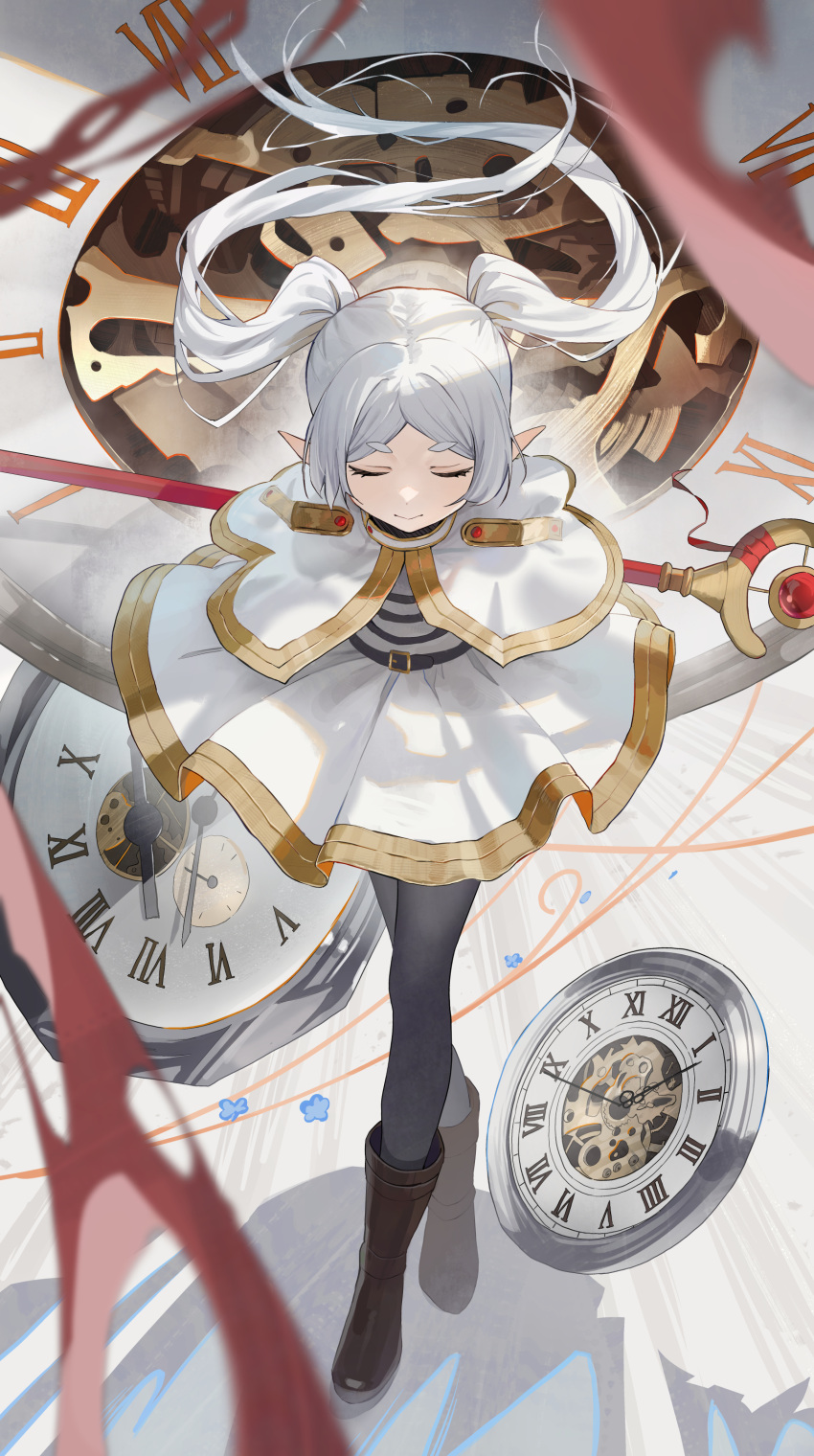 1girl absurdres arms_behind_back black_pantyhose boots brown_footwear cape capelet clock closed_eyes closed_mouth commentary_request frieren full_body hidulume highres long_hair pantyhose pointy_ears short_eyebrows sidelocks smile solo sousou_no_frieren thick_eyebrows twintails white_cape white_hair