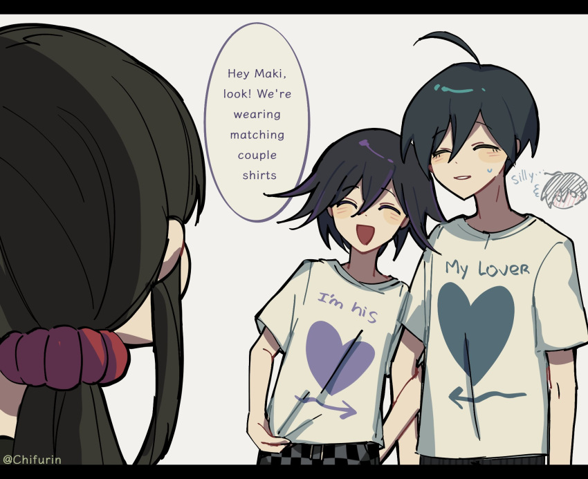 1girl 2boys :d ahoge alternate_costume black_hair blush brown_hair chifurin danganronpa_(series) danganronpa_v3:_killing_harmony english_text facing_another flipped_hair harukawa_maki highres long_hair low_twintails multiple_boys oma_kokichi open_mouth purple_hair red_scrunchie saihara_shuichi scrunchie shirt short_hair smile speech_bubble teeth twintails white_background white_shirt