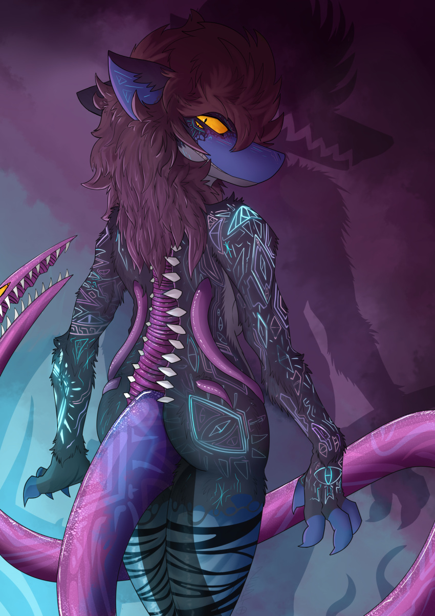anthro bioluminescence butt female gaping_mouth glowing hi_res looking_at_viewer markings mimic monster open_mouth solo sundeipne_(zeptophidia) tail tail_mouth tentacle_monster tentacles unusual_anatomy unusual_tail zeptophidia