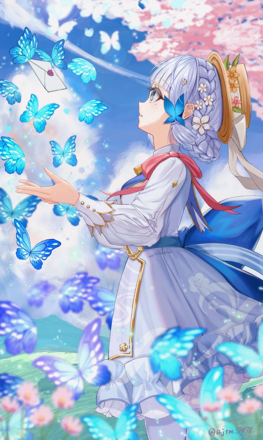 1girl absurdres ajino_(ajtm_7878) artist_name back_bow blue_bow blue_eyes blue_hair blue_sky blunt_bangs blunt_tresses bow braid bug butterfly butterfly_hair_ornament cherry_blossoms cloud commentary_request dress flower from_side genshin_impact hair_flower hair_ornament hat hat_flower hat_ribbon highres kamisato_ayaka kamisato_ayaka_(springbloom_missive) letter light_blue_hair long_sleeves looking_away mole mole_under_eye official_alternate_costume official_alternate_hairstyle parted_lips puffy_long_sleeves puffy_sleeves ribbon sky solo white_dress white_ribbon