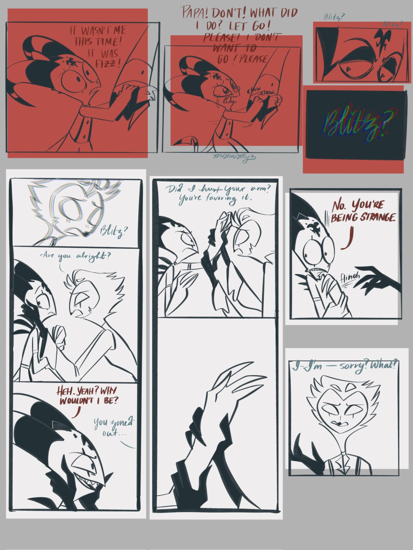 anthro avian bird black_text blitzo_(helluva_boss) cash_buckzo comic dialogue grey_background group hair helluva_boss hi_res horn imp male mistmistly owl owl_demon red_background red_text short_hair simple_background standing stolas_(helluva_boss) text trio white_background