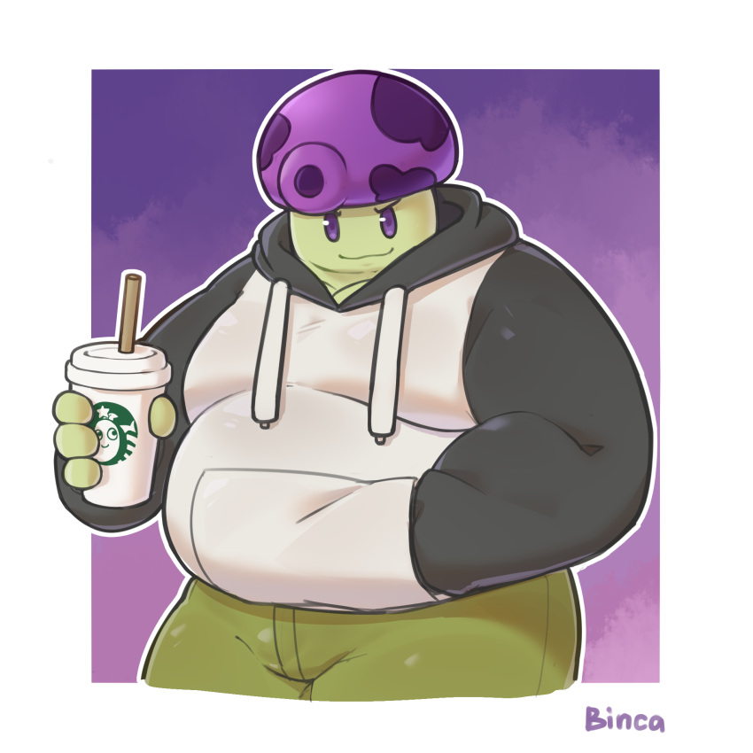 anthro belly beverage binca_233 bottomwear clothing coffee electronic_arts elemental_creature elemental_humanoid fume-shroom fungus hi_res hoodie humanoid male mushroom overweight overweight_male pants plant plants_vs._zombies popcap_games solo topwear