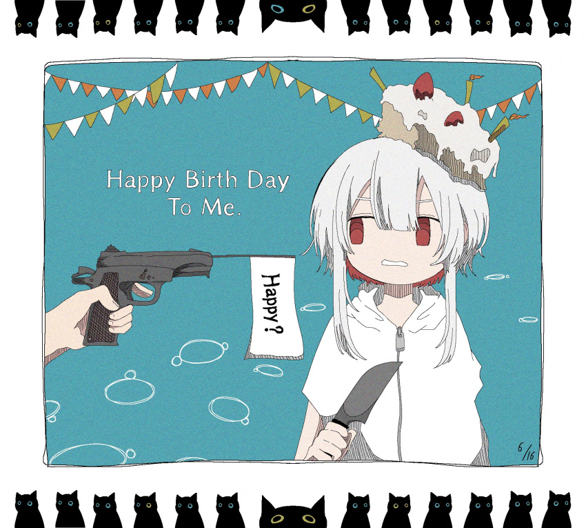 1girl aqua_background ashi_izumo birthday_cake black_cat border cake candle cat english_text flag_pistol food food_on_head grey_border grimace gun hand_up handgun happy_birthday highres holding holding_gun holding_knife holding_weapon izumo_(ashi_izumo) kitchen_knife knife looking_to_the_side multicolored_hair object_on_head original out_of_frame pointing_gun red_eyes red_hair short_hair sidelocks sideways_glance simple_background solo_focus string_of_flags two-tone_hair upper_body weapon white_hair zipper