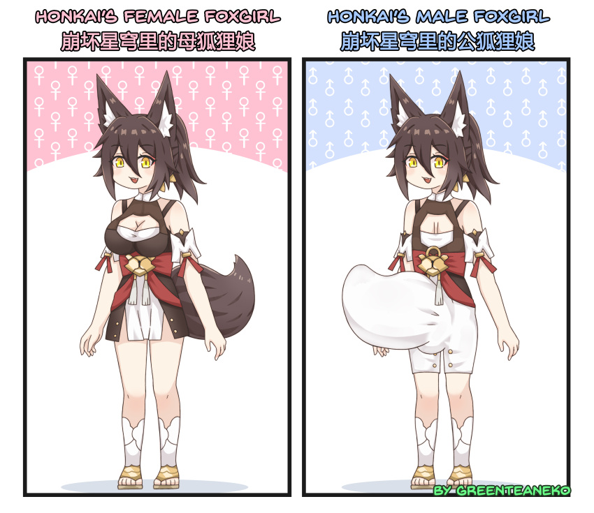 1girl absurdres animal_ears breasts bulge crossdressing fox_ears fox_girl fox_tail greenteaneko highres honkai:_star_rail honkai_(series) sandals skirt tail what