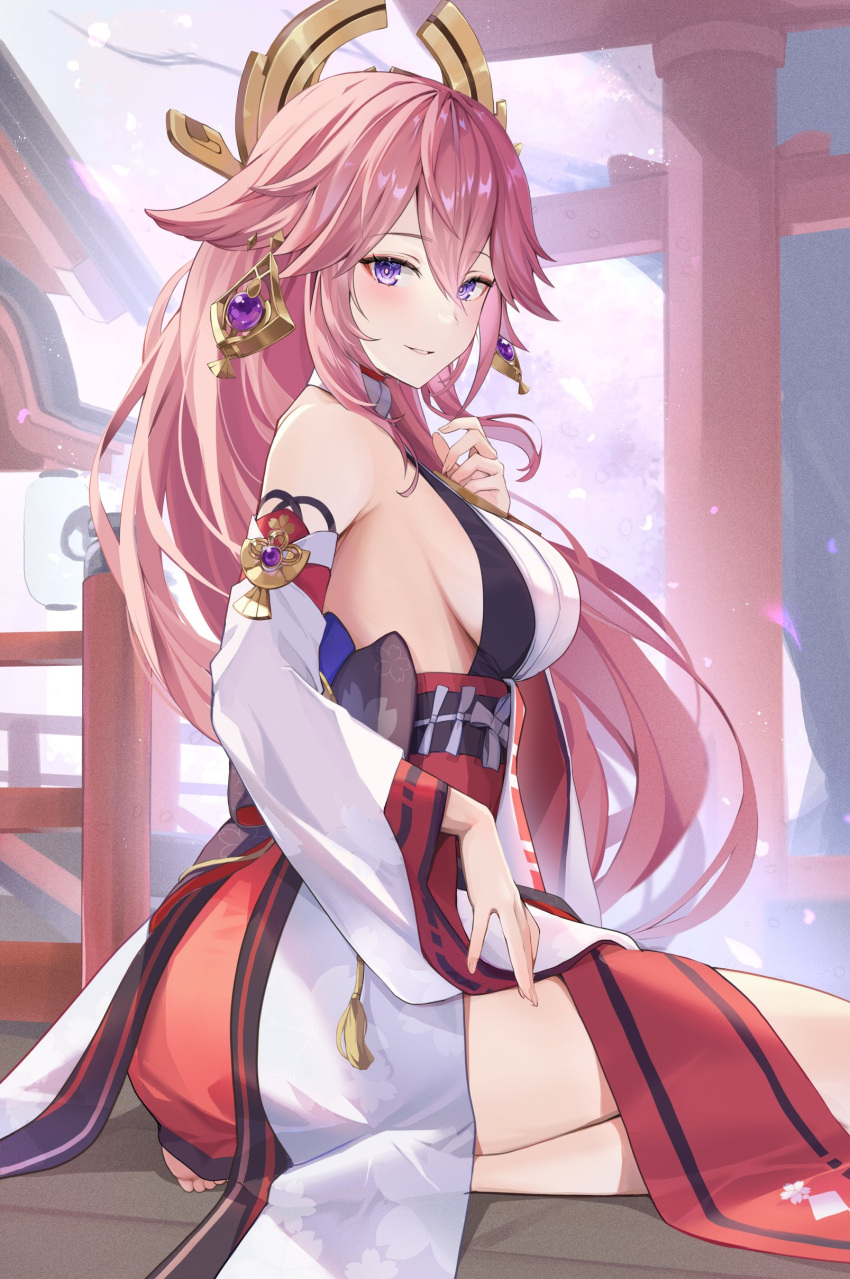 1girl absurdres animal_ears bare_shoulders blush breasts cherry_blossoms detached_sleeves floppy_ears fox fox_ears genshin_impact hair_ornament hakama highres japanese_clothes large_breasts long_hair looking_at_viewer looking_back nontraditional_miko pi_tayuko pink_hair purple_eyes red_skirt sideboob sitting skirt smile solo very_long_hair wariza wide_sleeves yae_miko