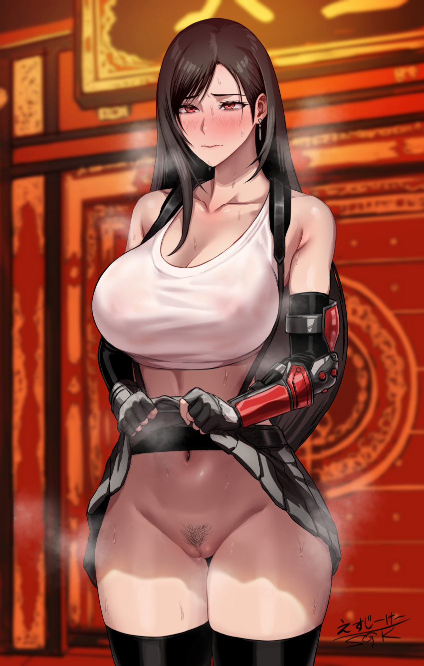 1girl absurdres bare_shoulders black_hair black_skirt black_thighhighs breasts clothes_lift dangle_earrings earrings elbow_gloves elbow_pads female_pubic_hair final_fantasy final_fantasy_vii final_fantasy_vii_remake fingerless_gloves gloves highres jewelry large_breasts lifted_by_self long_hair low-tied_long_hair miniskirt navel no_panties pubic_hair red_eyes sgk skirt skirt_lift solo standing suspender_skirt suspenders tank_top textless_version thighhighs tifa_lockhart very_long_hair white_tank_top