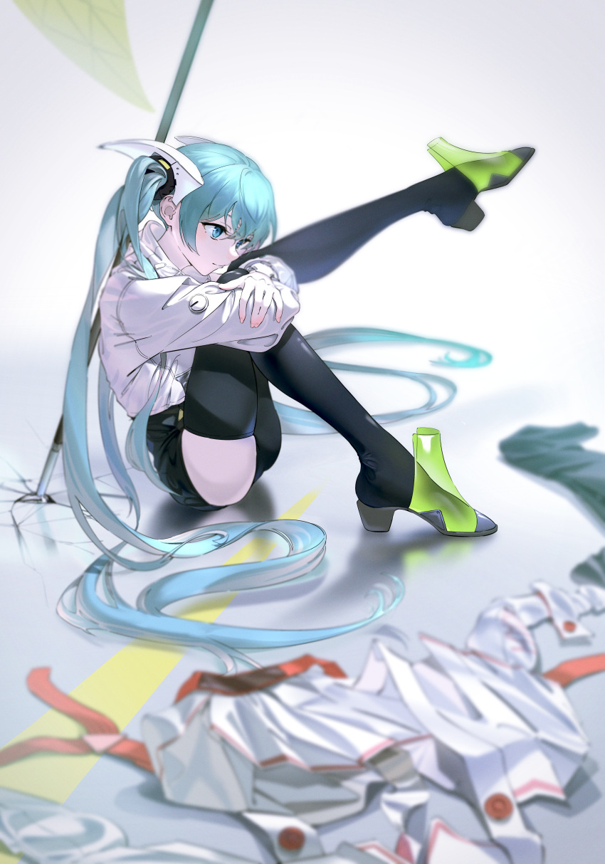 1girl absurdly_long_hair absurdres aqua_eyes aqua_hair black_shorts black_thighhighs blurry closed_mouth commentary depth_of_field flagpole full_body gloves hatsune_miku high_heels highres jacket leg_up long_hair long_sleeves racing_miku racing_miku_(2022) shirt_removed shorts sitting sjm9982 skirt skirt_removed solo thighhighs twintails very_long_hair vocaloid white_gloves white_jacket