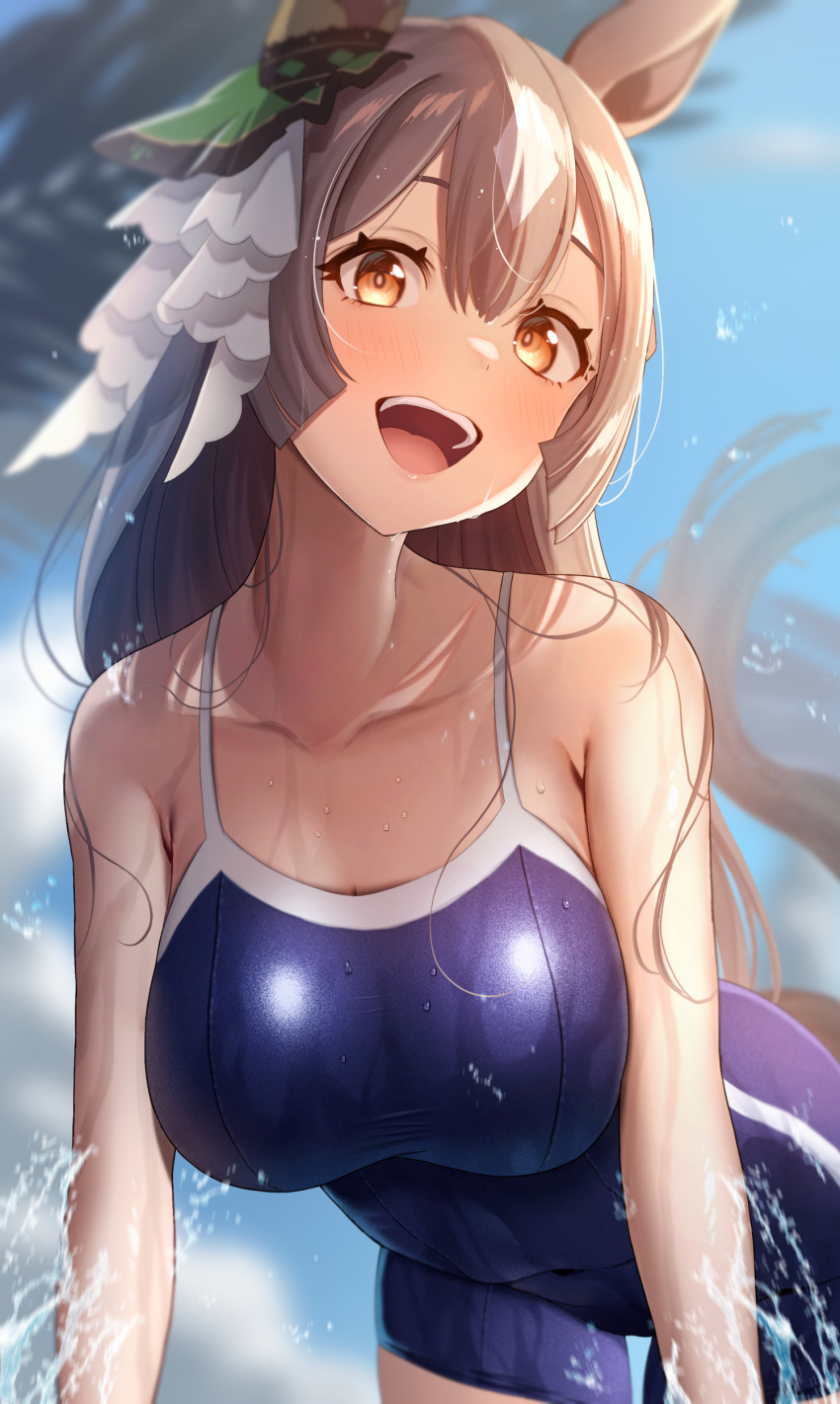 1girl :d absurdres animal_ears bare_shoulders blue_one-piece_swimsuit blue_sky breasts brown_hair cloud cloudy_sky collarbone commentary competition_school_swimsuit competition_swimsuit ear_ornament hair_between_eyes highres horse_ears horse_girl large_breasts long_hair looking_at_viewer multicolored_hair one-piece_swimsuit open_mouth outdoors palm_tree ray_mil68 satono_diamond_(umamusume) school_swimsuit sky smile solo streaked_hair swimsuit teeth tracen_swimsuit tree umamusume upper_body upper_teeth_only wet white_hair yellow_eyes