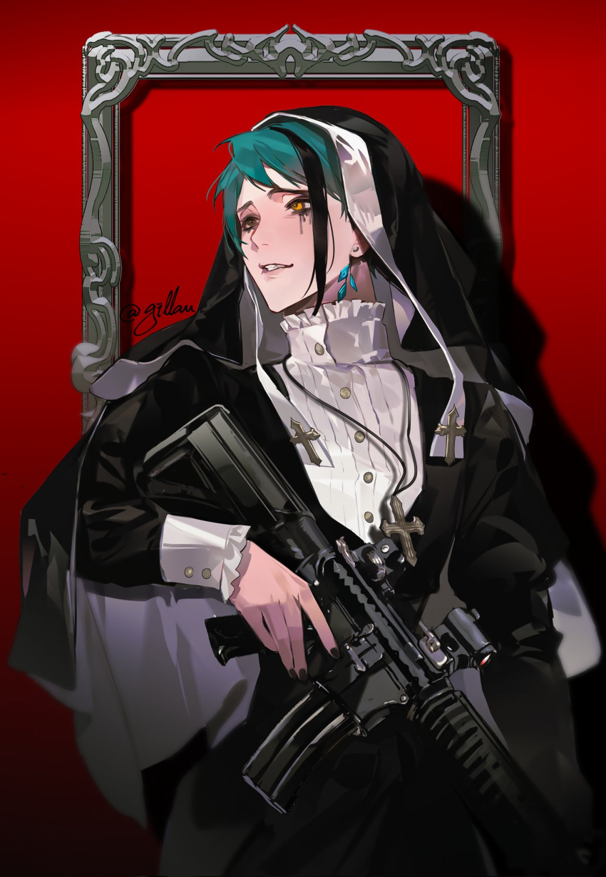 1boy alternate_costume artist_name black_dress black_nails clenched_teeth dress earrings fingernails gillannn green_hair gun highres holding holding_gun holding_weapon jade_leech jewelry long_sleeves looking_to_the_side male_focus multicolored_hair nun red_background shadow sharp_teeth short_hair simple_background solo streaked_hair teeth twisted_wonderland weapon yellow_eyes