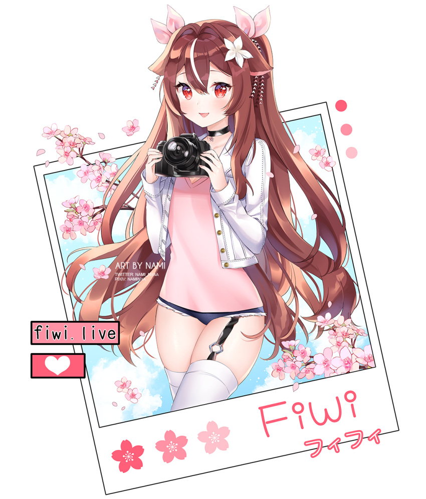 1girl animal_ears black_choker black_shorts branch brown_hair camera cherry_blossoms choker commission cutoffs garter_straps hair_ornament highres holding holding_camera indie_virtual_youtuber jacket kanzashi lilya_kyomi_(fiwivt) long_hair long_sleeves looking_at_viewer micro_shorts multicolored_hair nami_(nyaa) open_clothes open_jacket open_mouth pink_shirt red_eyes shirt shorts single_garter_strap smile solo streaked_hair thighhighs thighs very_long_hair virtual_youtuber white_jacket white_thighhighs