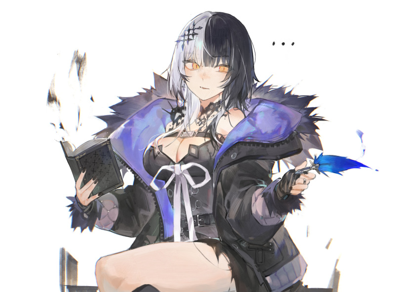 1girl absurdres belt black_choker black_coat black_hair black_nails black_skirt book breasts chest_belt choker cleavage coat cropped_legs cross cross_earrings detached_collar earrings fur-trimmed_coat fur_trim grey_hair grey_leotard hair_ornament highres holding holding_book holding_pen hololive hololive_english jewelry lace lace-trimmed_choker lace_trim large_breasts leotard long_hair looking_at_viewer lucadark_art multicolored_hair pen ring shiori_novella skirt slit_pupils split-color_hair torn_clothes torn_skirt two-tone_hair virtual_youtuber white_background yellow_eyes yorick_(shiori_novella)