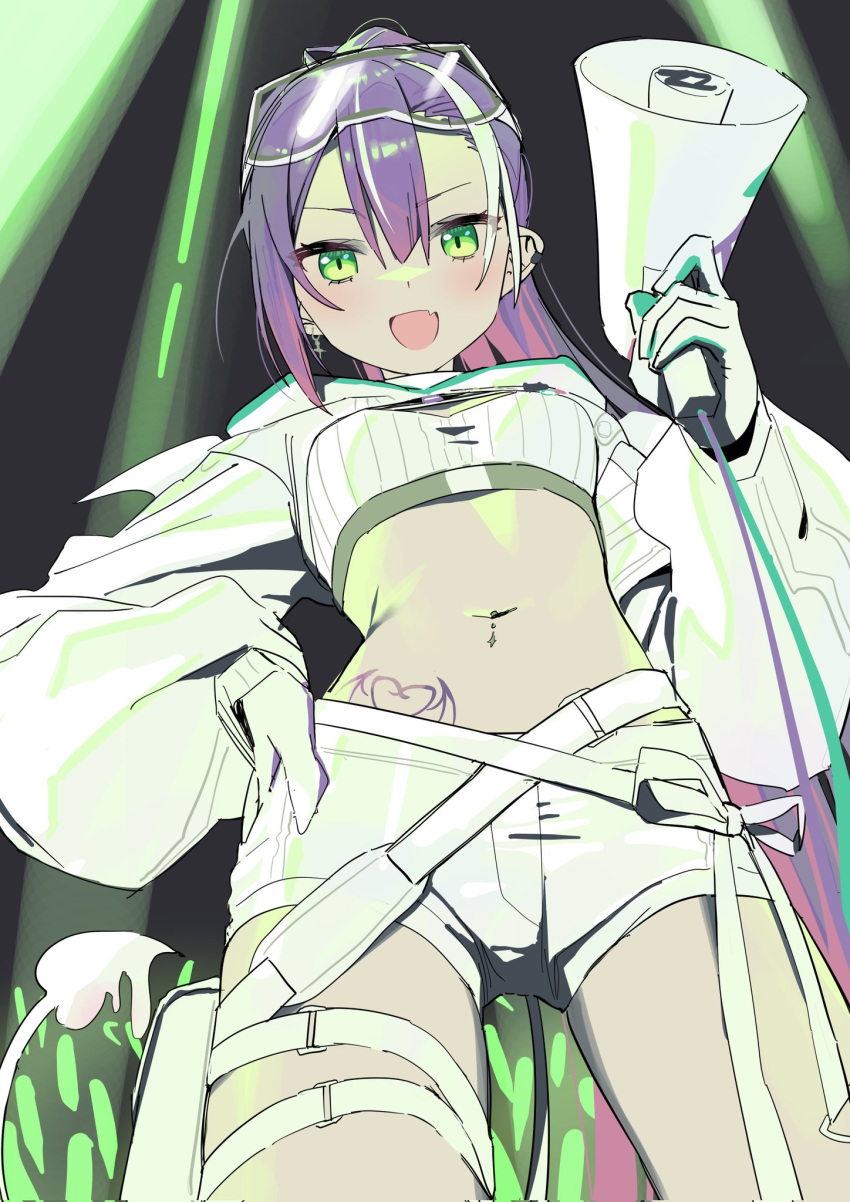 1girl breasts cropped_jacket fang gloves goggles goggles_on_head green_eyes hair_between_eyes hand_on_own_hip highres holding holding_megaphone hololive jacket long_hair long_sleeves looking_at_viewer megaphone midriff multicolored_hair navel_piercing open_mouth piercing pointy_ears ponytail purple_hair shorts skin_fang solo streaked_hair syhan tail thigh_strap tokoyami_towa tokoyami_towa_(5th_costume) very_long_hair virtual_youtuber white_gloves white_hair white_jacket white_shorts