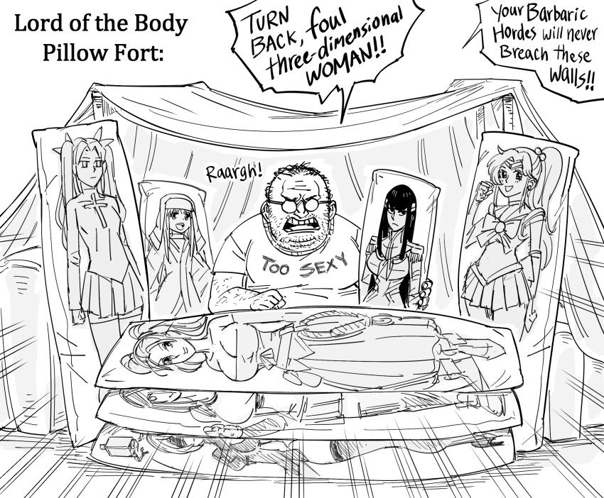 1boy bald bb_(baalbuddy) bishoujo_senshi_sailor_moon blanket body_pillow character_request crossover dakimakura_(object) english_text fat fate/stay_night fate_(series) final_fantasy final_fantasy_vii glasses highres kill_la_kill kiryuuin_satsuki multiple_girls nier:automata nier_(series) original pillow shirt speech_bubble tent tifa_lockhart toaru_majutsu_no_index tohsaka_rin yorha_no._2_type_b