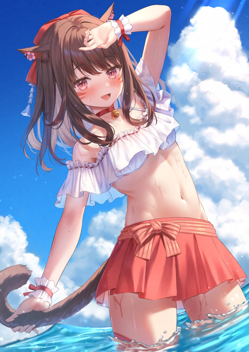 1girl :d animal_ears bell bikini blue_sky bow breasts brown_hair cat_ears cat_girl cat_tail choker cloud facial_mark fang final_fantasy final_fantasy_xiv hair_bow highres long_hair lulinco miniskirt miqo'te navel neck_bell open_mouth pink_eyes pleated_skirt ponytail red_choker red_skirt skirt sky small_breasts smile stomach swimsuit tail wading warrior_of_light_(ff14) water wet whisker_markings white_bikini wrist_cuffs