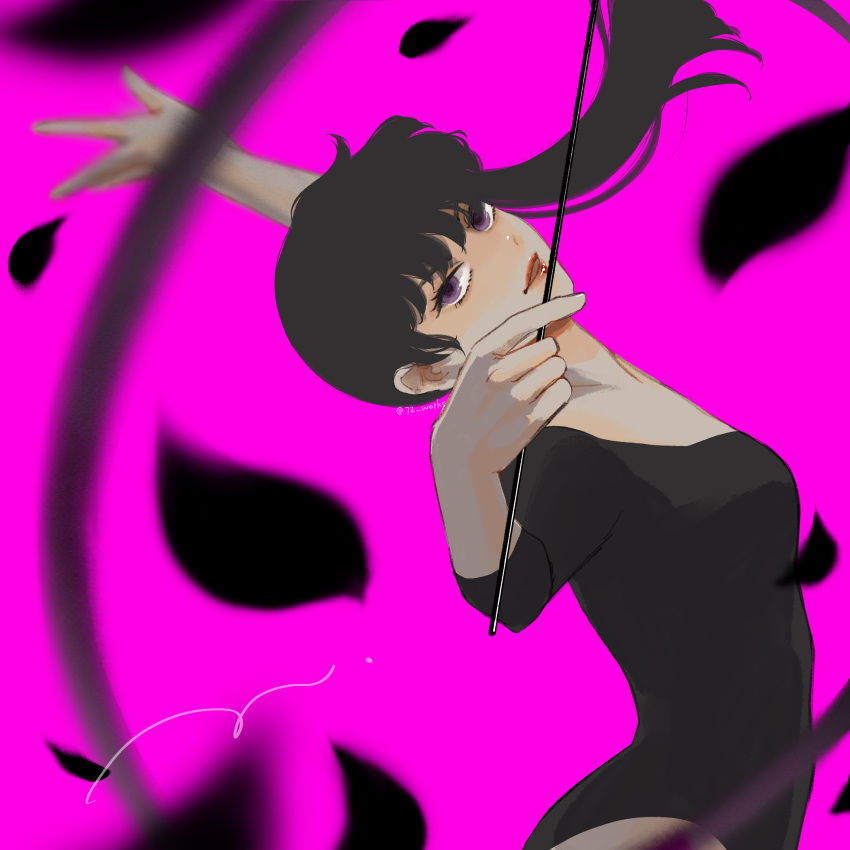 1girl black_hair gymnastics gymnastics_ribbon higa_(72works) highres kunou_kodachi leotard lips long_hair looking_at_viewer petals pink_background ponytail purple_eyes ranma_1/2 red_lips rhythmic_gymnastics shaft_look simple_background solo