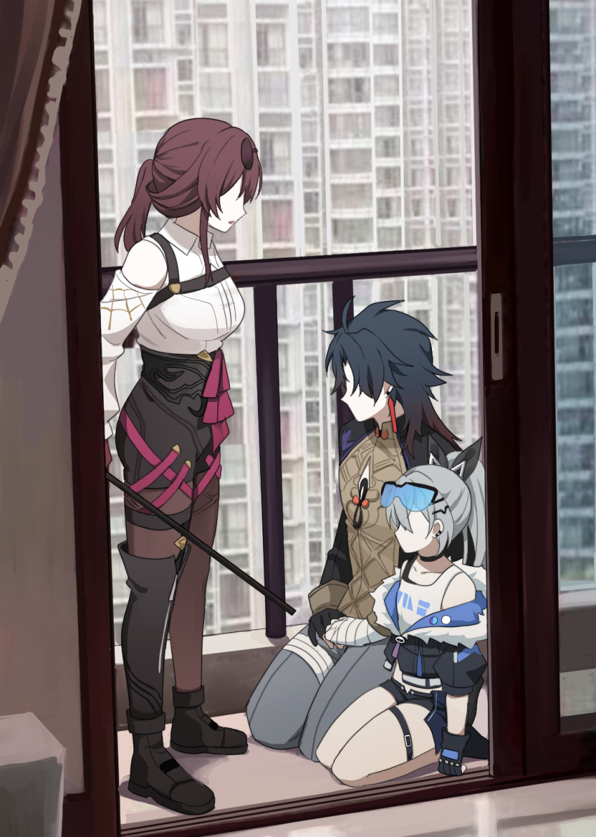 1boy 2girls balcony bandaged_hand bandaged_leg bandages bare_shoulders black_choker black_coat black_footwear black_gloves black_jacket black_ribbon black_shorts black_tank_top blade_(honkai:_star_rail) blue-tinted_eyewear blue_hair boots breasts brown_pantyhose choker coat collarbone collared_shirt curtains dark_blue_hair door earrings english_commentary faceless fingerless_gloves floor fur-trimmed_jacket fur_trim gloves gradient_hair grey_hair grey_pants hair_between_eyes hair_ornament hair_ribbon hairpin high-waist_shorts highres holding honkai:_star_rail honkai_(series) indoors jacket jewelry kafka_(honkai:_star_rail) large_breasts lix_(iroiro3843) long_hair long_sleeves mandarin_collar meme multicolored_hair multiple_girls no_eyes no_mouth open_clothes open_door open_jacket open_mouth pants pantyhose ponytail puffy_long_sleeves puffy_sleeves purple_gloves purple_hair red_hair ribbon round_eyewear seiza shadow shirt short_shorts shorts sidelocks silver_wolf_(honkai:_star_rail) single_earring single_glove sitting spider_web_print standing sunglasses tank_top tinted_eyewear white_shirt white_tank_top window wing_collar zipper