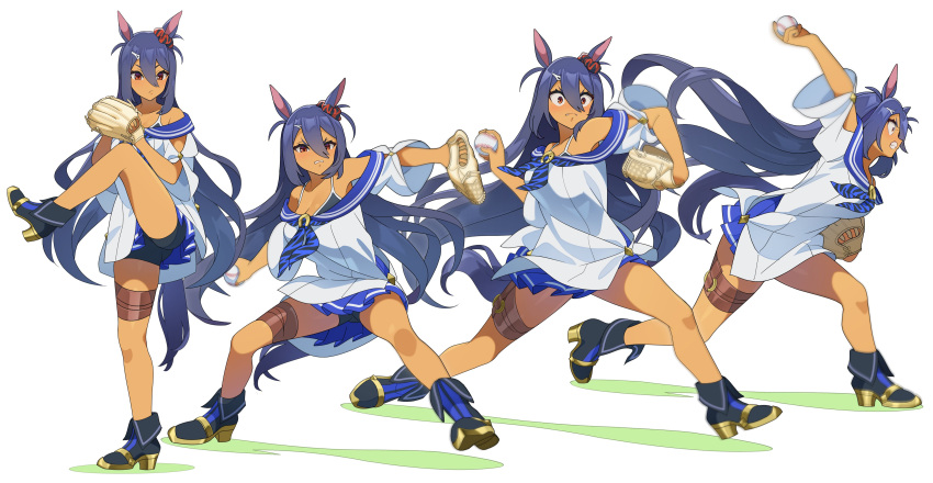 1girl absurdres animal_ears ball bare_legs baseball baseball_mitt blue_hair blue_skirt bra clenched_teeth commentary_request ear_scrunchie fold-over_boots from_side frown full_body hair_between_eyes hair_ornament hairclip high_heels highres hishi_amazon_(umamusume) holding holding_ball horse_ears horse_girl horse_tail leg_up long_hair miniskirt motion_blur multiple_views nishiki_kazue off_shoulder outstretched_arm pitching red_eyes school_uniform serafuku shirt side-tie_shirt sidelocks skirt standing standing_on_one_leg tail tan teeth thigh_strap umamusume underwear very_long_hair white_background white_shirt wide-eyed wide_sleeves