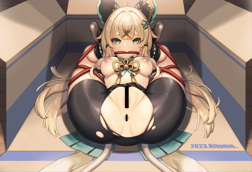 1girl 2023 anus artist_name bar_censor bdsm bell bike_shorts black_shorts blonde_hair bound bound_legs box breasts cardboard_box censored commentary english_commentary folded gagged genshin_impact green_eyes highres jingle_bell kirara_(genshin_impact) legs_behind_head long_hair looking_at_viewer medium_breasts multiple_tails nekomata nipples pussy restrained rikume rope_gag shorts solo tail torn_clothes torn_shorts two_tails