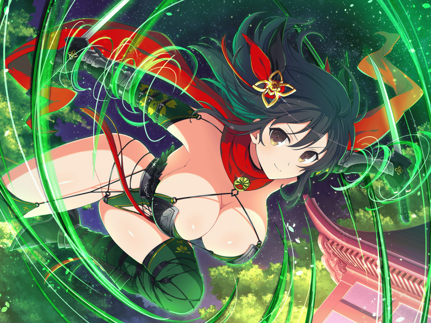 1girl architecture black_hair blush bracer breasts brown_eyes cleavage dual_wielding east_asian_architecture flower green_thighhighs highres holding large_breasts looking_at_viewer night official_alternate_costume official_alternate_hairstyle official_art revealing_clothes reverse_grip senran_kagura senran_kagura_new_link senran_kagura_shoujo-tachi_no_shin'ei sky smile solo star_(sky) starry_sky sword thighhighs tree wakizashi weapon yaegashi_nan