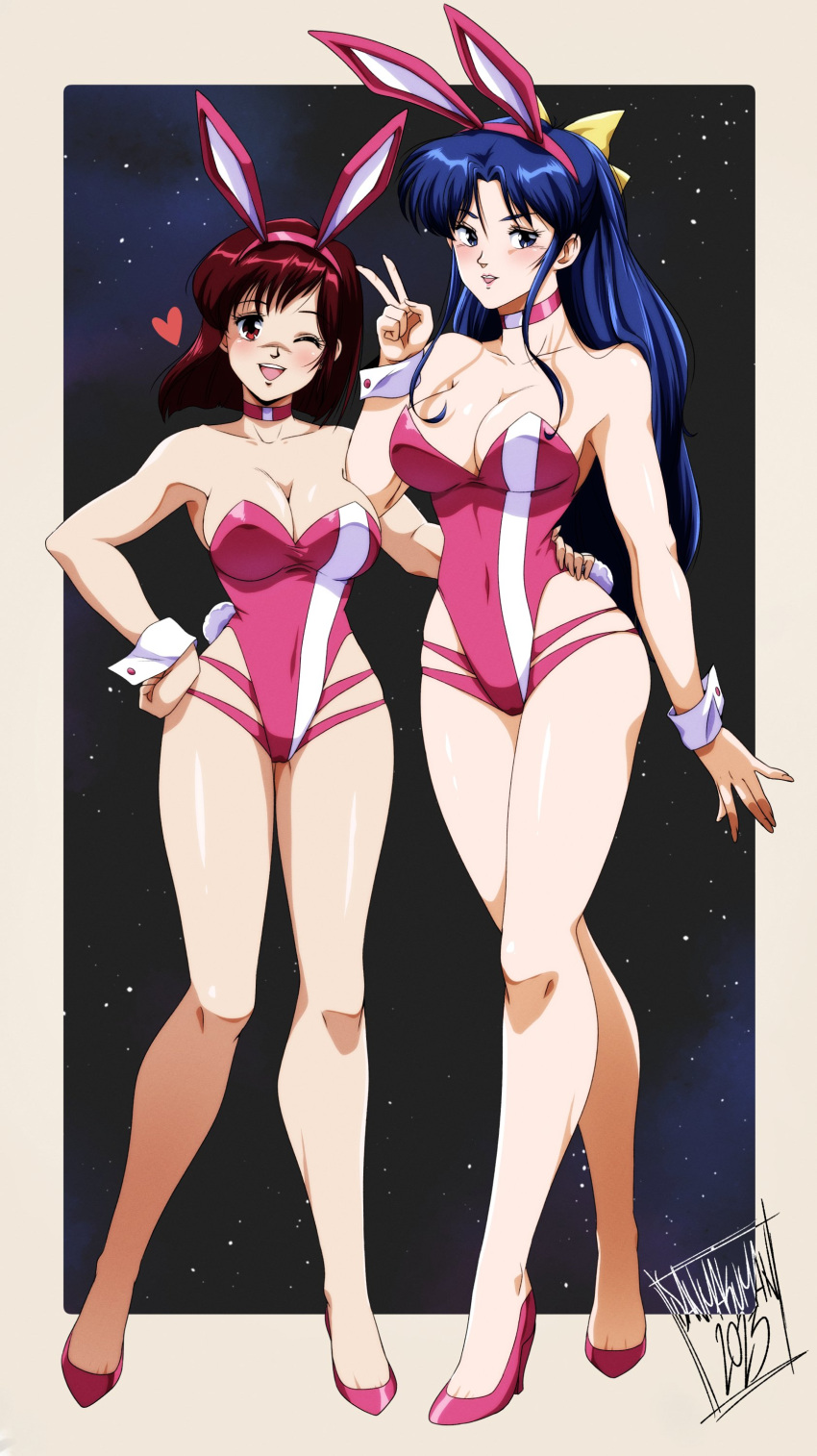 1980s_(style) 2girls absurdres adapted_costume amano_kazumi animal_ears bare_legs blue_eyes blue_hair bob_cut border bow breasts choker cleavage danmakuman fake_animal_ears full_body hair_bow hand_on_another's_waist hand_on_own_hip high_heels highres large_breasts leotard long_hair multiple_girls one_eye_closed open_mouth pink_choker pink_footwear pink_leotard playboy_bunny rabbit_ears red_eyes red_hair retro_artstyle short_hair sidelocks starry_background takaya_noriko top_wo_nerae! v white_border wrist_cuffs