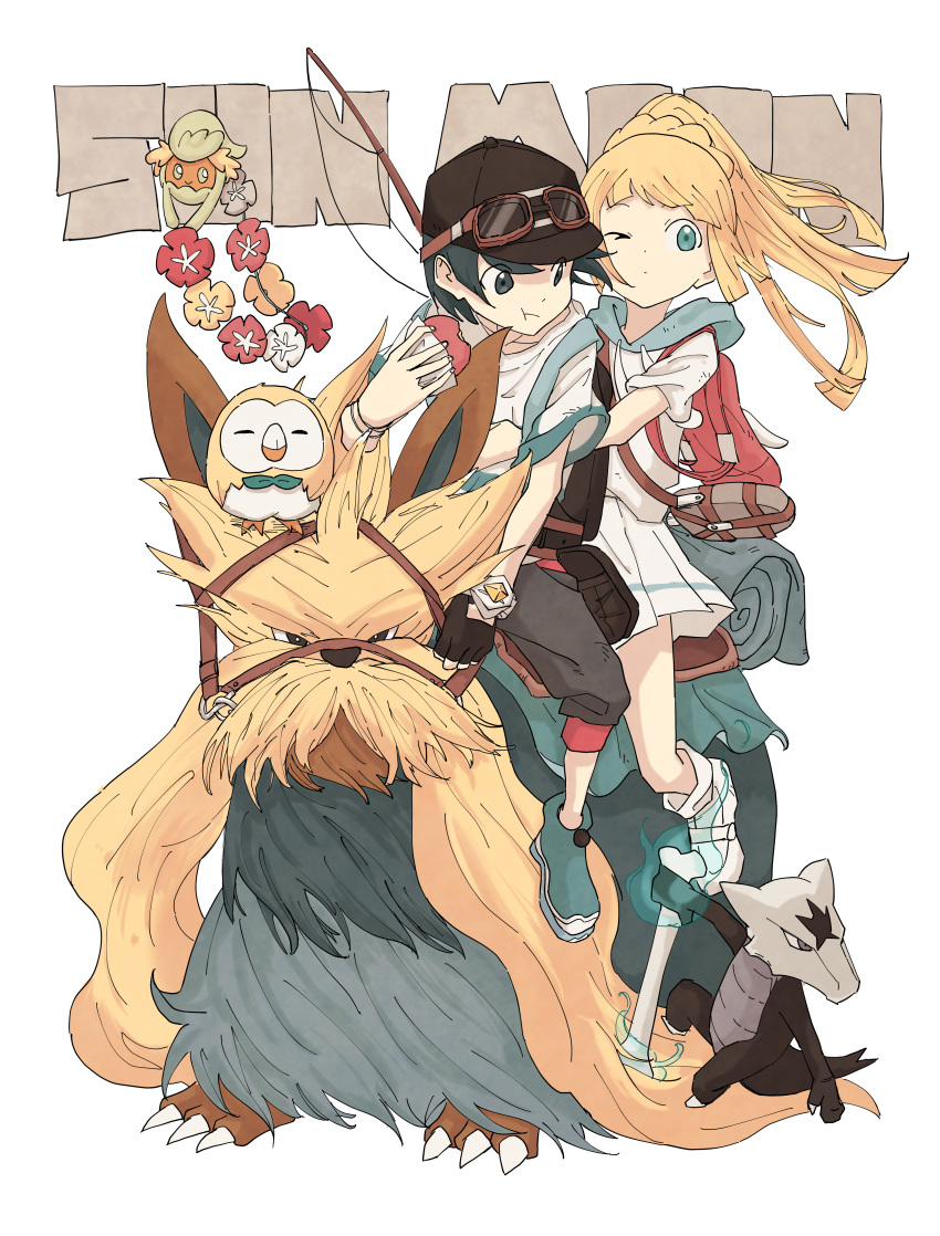 1boy 1girl absurdres alolan_marowak arms_around_waist black_bag black_hair black_headwear black_shorts blonde_hair blue_footwear blunt_bangs canteen closed_mouth comfey eating elio_(pokemon) fishing_rod food goggles goggles_on_headwear green_eyes highres holding holding_food lillie_(pokemon) long_hair looking_to_the_side one_eye_closed pink_bag pleated_skirt pokemon pokemon_(game) pokemon_following_human pokemon_sm ponytail riding riding_pokemon rowlet saddle shirt short_hair shorts skirt stoutland white_background white_footwear white_shirt white_skirt z-ring