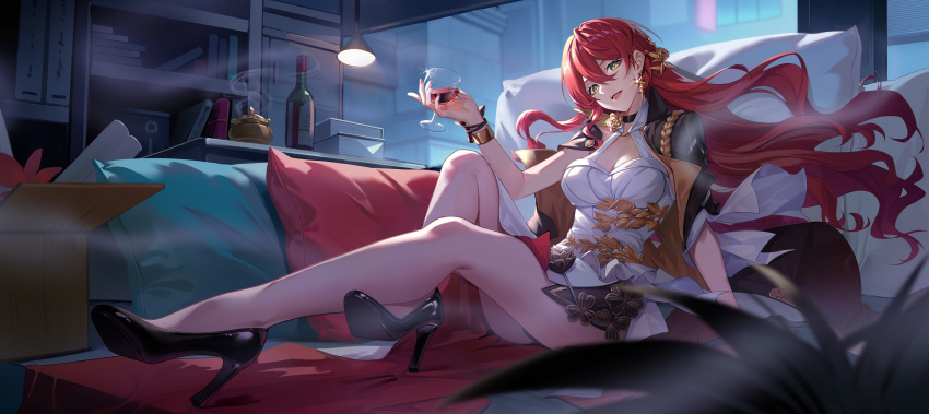 1girl alcohol black_choker black_footwear black_jacket bookshelf bottle box bracelet breasts choker cleavage commentary_request couch cup dress drinking_glass earrings flower_choker full_body golden_rose hand_up head_tilt high_heels highres himeko_(honkai:_star_rail) holding holding_cup honkai:_star_rail honkai_(series) indoors jacket jewelry knee_up lamp long_hair looking_at_viewer on_couch open_mouth orange_eyes pillow plant red_hair red_nails sleeveless sleeveless_dress smile smoke solo underwear very_long_hair white_dress wine wine_bottle wine_glass yin_lan_xue