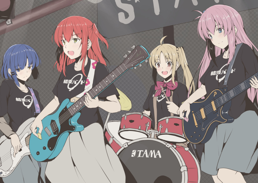 4girls ahoge band bass_guitar black_shirt blonde_hair blue_background blue_eyes blue_hair blunt_bangs bocchi_the_rock! bow bowtie brown_eyes clothes_writing cowboy_shot cube_hair_ornament drum drum_set drumsticks electric_guitar fender_precision_bass gibson_les_paul gotou_hitori grey_skirt guitar hair_between_eyes hair_ornament hairclip ijichi_nijika instrument kita_ikuyo logo long_hair mole mole_under_eye multiple_girls music one_side_up open_mouth pink_hair playing_instrument red_bow red_bowtie red_hair shirt short_hair side_ponytail sidelocks silhouette skirt smile t-shirt taira_yuuki very_long_hair yamada_ryou yellow_eyes