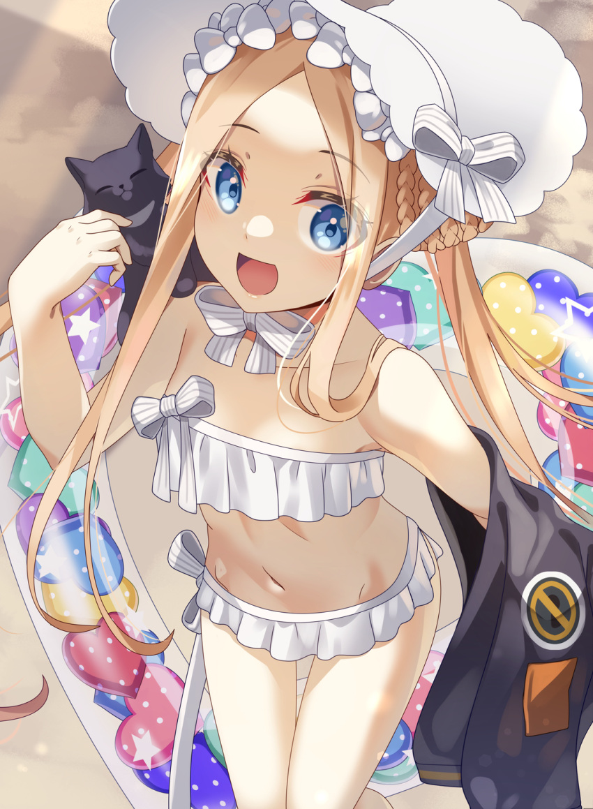 1girl abigail_williams_(fate) abigail_williams_(swimsuit_foreigner)_(fate) abigail_williams_(swimsuit_foreigner)_(third_ascension)_(fate) bare_shoulders bikini black_cat black_jacket blonde_hair blue_eyes blush bonnet bow breasts cat fate/grand_order fate_(series) forehead hair_bow highres innertube jacket long_hair looking_at_viewer miniskirt navel open_mouth parted_bangs ryofuhiko sidelocks skirt small_breasts smile solo swimsuit thighs twintails very_long_hair white_bikini white_bow white_headwear