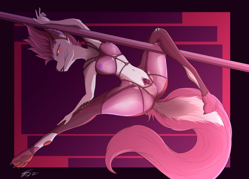 absurd_res anthro breasts canid canid_demon clothing dancing demon female hand_on_leg hellhound helluva_boss hi_res lingerie loona_(helluva_boss) mammal pole pole_dancing pubes red_sclera scaliepunk solo spread_legs spreading stripper_pole translucent translucent_clothing yellow_eyes