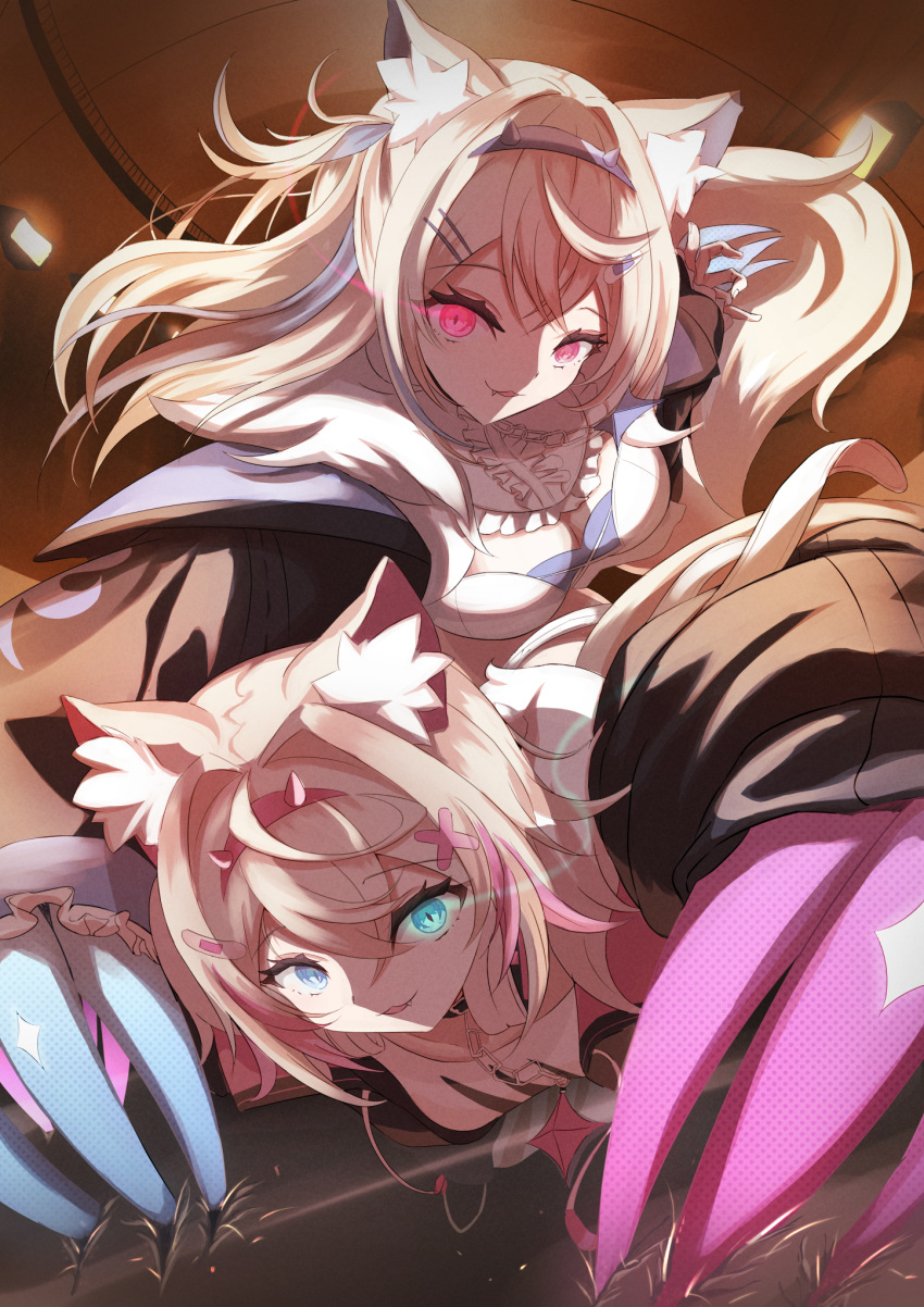 2girls animal_ear_fluff animal_ears belt_collar black_collar black_jacket blonde_hair blue_eyes blue_hair breasts cleavage cleavage_cutout clothing_cutout collar cropped_jacket cropped_shirt ddog_(ddog39) dog_ears dog_girl dog_tail dress fake_claws fang fur-trimmed_jacket fur_trim fuwawa_abyssgard glowing glowing_eyes hair_ornament hairpin headphones headphones_around_neck highres hololive hololive_english jacket large_breasts long_hair looking_at_viewer medium_hair mococo_abyssgard multicolored_hair multiple_girls open_mouth pink_eyes pink_hair shirt siblings sisters small_breasts smile streaked_hair tail twins two_side_up virtual_youtuber white_dress white_shirt x_hair_ornament