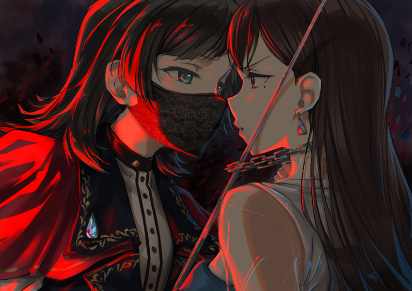 2girls absurdres bang_dream! bang_dream!_it's_mygo!!!!! black_hair black_jacket blue_eyes blue_gemstone brown_hair buttons capelet chain_necklace commentary_request dark_background dress earrings eye_contact gem highres jacket jewelry long_hair looking_at_another mask medium_hair mole mole_under_eye mouth_mask multiple_girls necklace parted_lips purple_eyes raito_taisha red_capelet see-through see-through_sleeves shiina_taki shirt sidelighting sword upper_body weapon white_shirt yahata_umiri