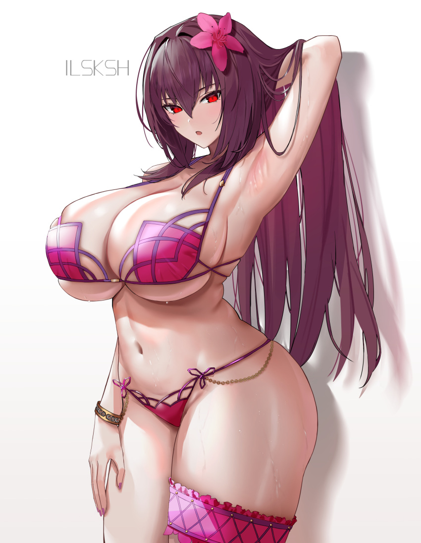 1girl absurdres arm_up armpits bare_shoulders bikini blush bracelet breasts bridal_garter cleavage collarbone fate/grand_order fate_(series) flower hair_between_eyes hair_flower hair_ornament hibiscus highres jewelry large_breasts long_hair looking_at_viewer navel open_mouth purple_bikini purple_hair red_eyes scathach_(fate) scathach_(swimsuit_assassin)_(fate) solo swimsuit thighs user_vdkm2347