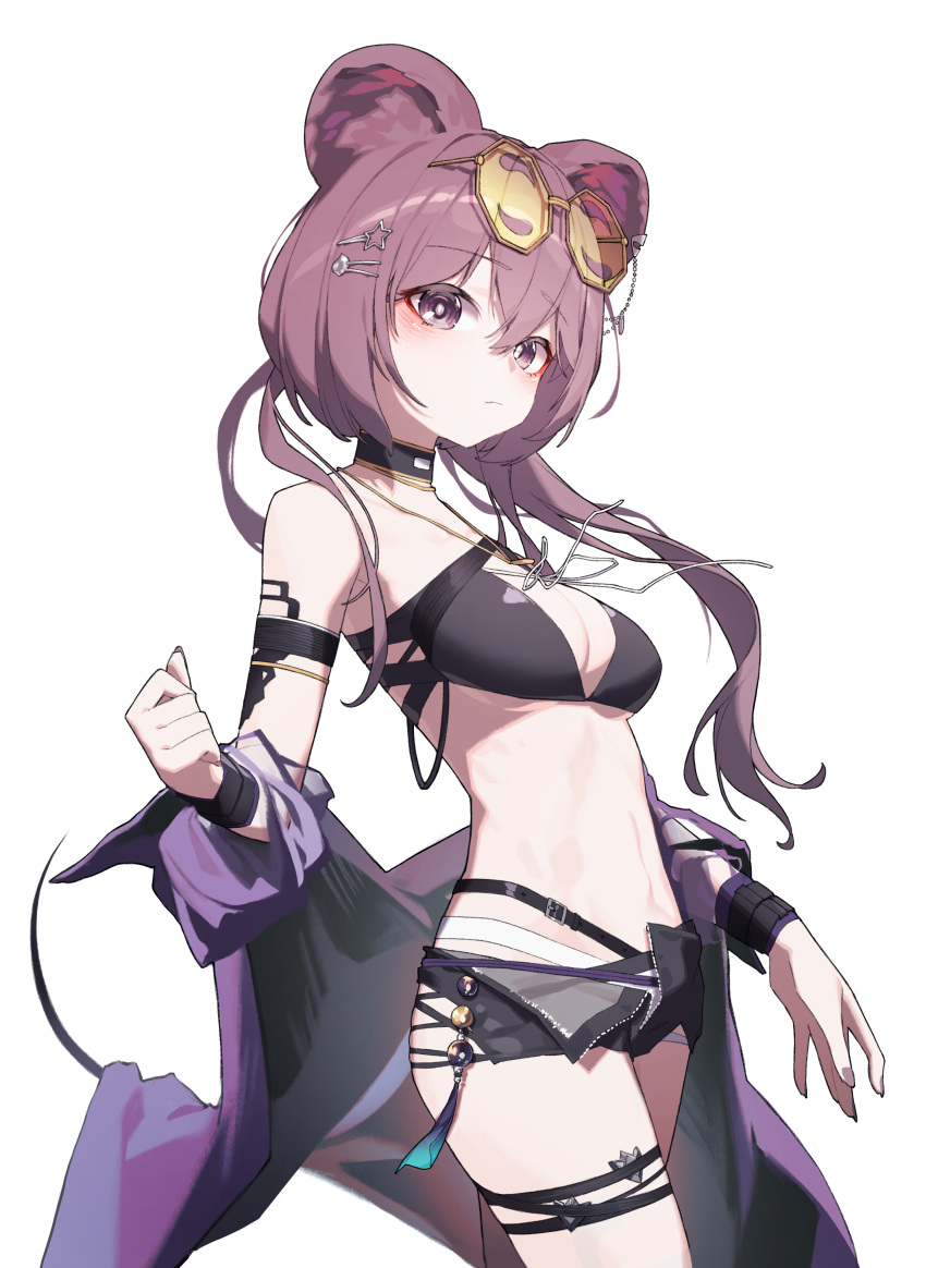 1girl absurdres animal_ears arknights beudelb bikini black_bikini black_shorts breasts cleavage eyewear_on_head hair_ornament hairclip highres jacket lin_(arknights) long_hair looking_at_viewer medium_breasts mouse_ears mouse_girl off_shoulder open_clothes open_fly open_jacket pink_eyes pink_hair purple_jacket short_shorts shorts simple_background solo star_(symbol) star_hair_ornament sunglasses swimsuit tinted_eyewear white_background yellow-tinted_eyewear