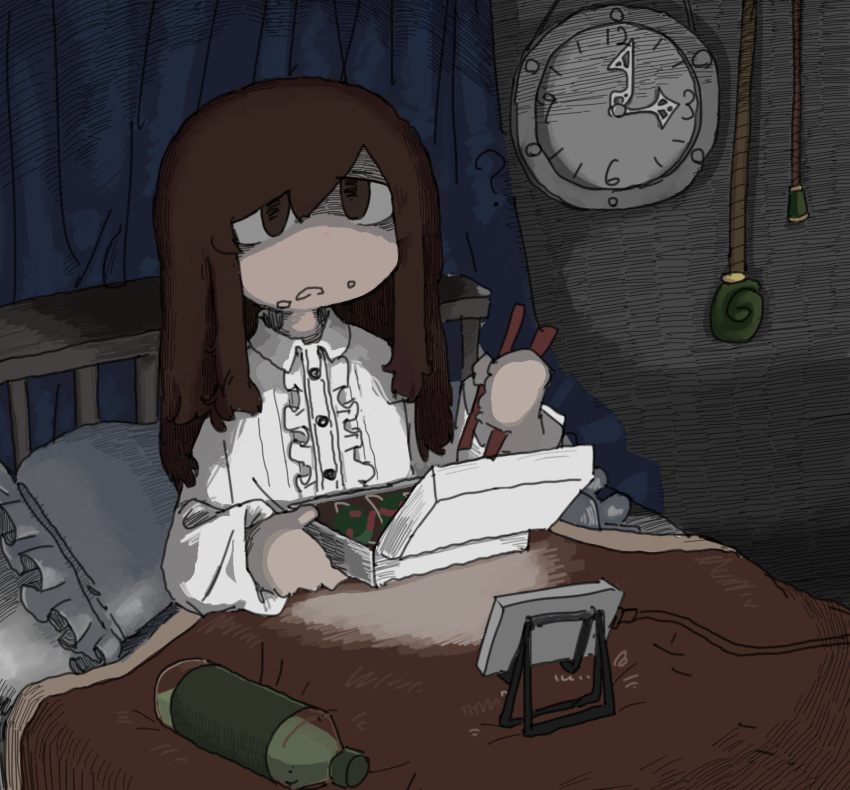 1girl bedroom bottle brown_eyes brown_hair cellphone center_frills charging_device chopsticks clock collared_shirt dark_room food food_on_face frills frown hatching_(texture) highres holding holding_chopsticks indoors long_hair long_sleeves night open_mouth original pajamas phone phone_stand pillow shaded_face shirt sidelocks sitting smartphone solo swept_bangs takeout_container torosakana under_covers wall_clock white_pajamas