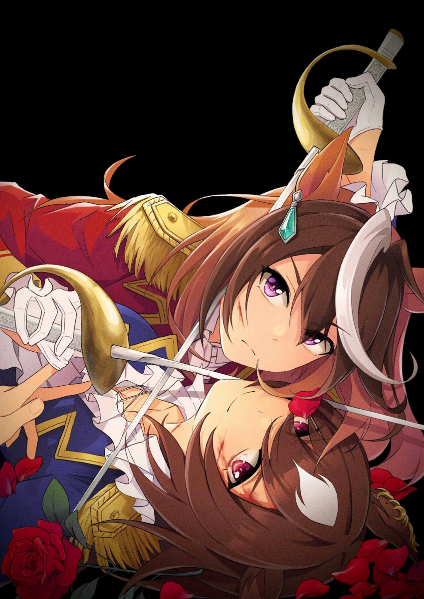 2girls animal_ears banseog black_background blood blood_on_face blue_jacket brown_hair closed_mouth crossed_swords epaulettes flower foil frown gloves highres holding holding_sword holding_weapon horse_ears jacket long_hair long_sleeves looking_at_viewer multicolored_hair multiple_girls petals purple_eyes red_jacket rose sirius_symboli_(umamusume) smile streaked_hair sword symboli_rudolf_(umamusume) umamusume umayuru v-shaped_eyebrows weapon white_gloves
