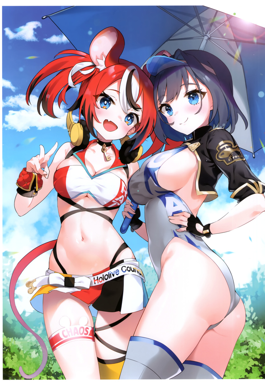 2girls :d absurdres animal_ear_fluff animal_ears ass black_gloves black_hair blue_eyes blue_headwear blue_sky breasts cleavage cloud cropped_jacket day fingerless_gloves gloves grey_leotard grey_thighhighs hair_intakes hakos_baelz hand_on_own_hip headphones headphones_around_neck highres holding holding_umbrella hololive hololive_english key kutata large_breasts leotard mouse_ears mouse_girl mouse_tail multicolored_hair multiple_girls navel ouro_kronii outdoors pleated_skirt race_queen red_hair scan see-through short_sleeves sideboob single_thighhigh skirt sky smile tail thighhighs twintails two-tone_hair umbrella virtual_youtuber visor_cap white_hair wrist_cuffs yellow_thighhighs