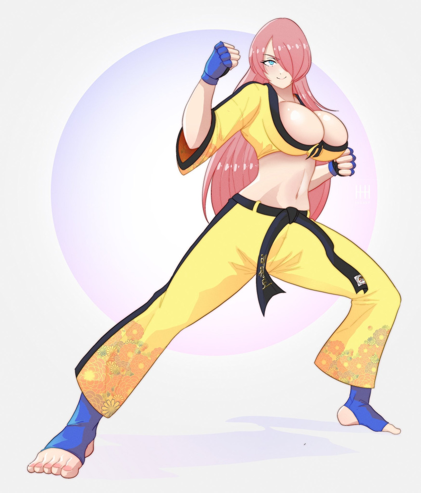 1girl belt black_belt blue_eyes blue_gloves breasts clenched_hands commentary crop_top fighting_stance fingerless_gloves floral_print full_body gloves grey_background hair_over_one_eye highres ihsnet large_breasts long_hair looking_at_viewer midriff navel no_shoes original pants pink_hair shirt smile solo standing stomach very_long_hair yellow_pants yellow_shirt