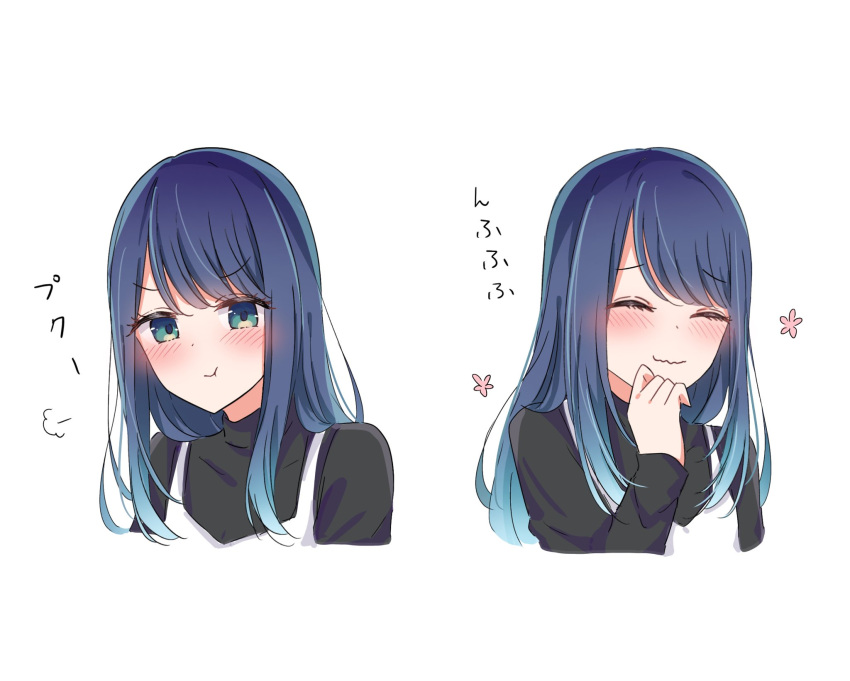 1girl alternate_hair_length alternate_hairstyle black_sweater blue_eyes blue_hair blush closed_eyes closed_mouth commentary_request cropped_torso dress fu7 gradient_hair hand_on_own_chin hand_up highres kurokawa_akane light_blue_hair long_hair long_sleeves looking_at_viewer multicolored_hair multiple_views oshi_no_ko pinafore_dress pout sidelocks sleeveless sleeveless_dress smile sweater translation_request wavy_mouth white_dress