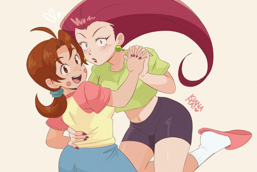 2girls :d absurdres ahoge artist_name bike_shorts black_shorts blue_eyes blush brown_eyes brown_hair crop_top delia_ketchum earrings green_shirt highres holding_hands jessie_(pokemon) jewelry kiana_mai lipstick lipstick_mark lipstick_mark_on_face looking_at_viewer makeup midriff multiple_girls pink_footwear pink_shirt pokemon pokemon_(anime) red_hair red_nails shirt short_sleeves shorts simple_background slippers smile socks t-shirt two-tone_shirt white_socks yellow_shirt yuri