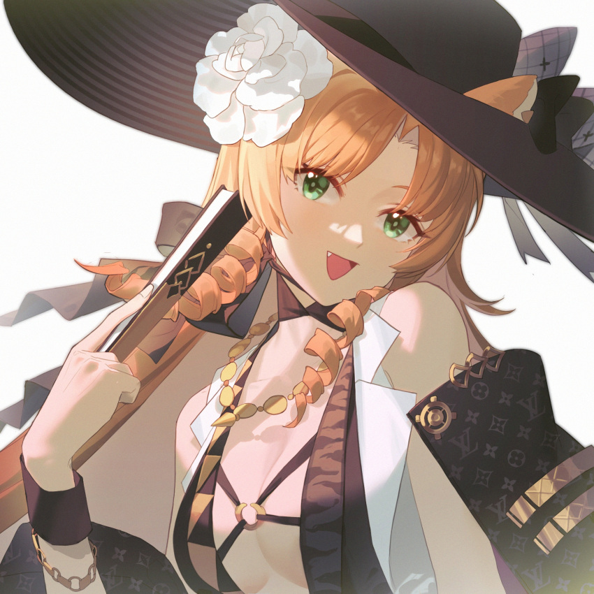 1girl :d animal_ears arknights bare_shoulders black_bow black_dress black_headwear bow breasts center_opening cleavage dress drill_hair drill_sidelocks fang flower folded_fan folding_fan green_eyes hair_flower hair_ornament hand_fan hand_up hat hat_bow highres holding holding_fan long_hair looking_at_viewer official_alternate_costume open_mouth orange_hair sidelocks simple_background small_breasts smile solo swire_(arknights) swire_the_elegant_wit_(arknights) tiger_ears tiger_girl white_background white_flower wubishuaiqideapusama