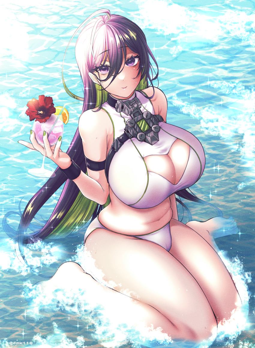 1girl armband bare_shoulders bikini black_hair bodysuit breasts chain cleavage cleavage_cutout closed_mouth clothing_cutout cup fumu_(guriguri) goddess_of_victory:_nikke green_hair guilty_(nikke) hair_between_eyes hand_up highres holding holding_cup large_breasts long_hair looking_at_viewer multicolored_hair purple_eyes sidelocks sitting solo straitjacket swimsuit two-tone_hair very_long_hair water white_bodysuit wristband