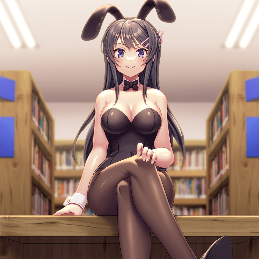 1girl animal_ears asisuki black_bow black_bowtie black_hair black_leotard bookshelf bow bowtie breasts cleavage closed_mouth covered_navel crossed_legs detached_collar fake_animal_ears hair_ornament hairclip highres indoors leotard library long_hair looking_at_viewer pantyhose playboy_bunny purple_eyes rabbit_ears sakurajima_mai seishun_buta_yarou smile solo strapless strapless_leotard wrist_cuffs