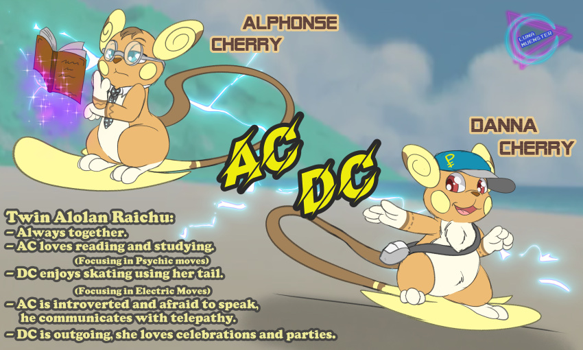 absurd_res alolan_form alolan_raichu alphonse_cherry bag barefoot blue_eyes book character_bio clothed clothing danna_cherry description duo electricity eyewear feet female generation_1_pokemon glasses happy hat headgear headwear hi_res levitation long_tail male male/female mammal model_sheet necktie nintendo nude pokemon pokemon_(species) psychic psychic_powers raichu red_eyes regional_form_(pokemon) rodent round_glasses semi-anthro serious serious_face sibling_(lore) sitting_on_tail skateboarding slightly_chubby studying tail text the_mokka's_cafe_(pmd) twins_(lore)