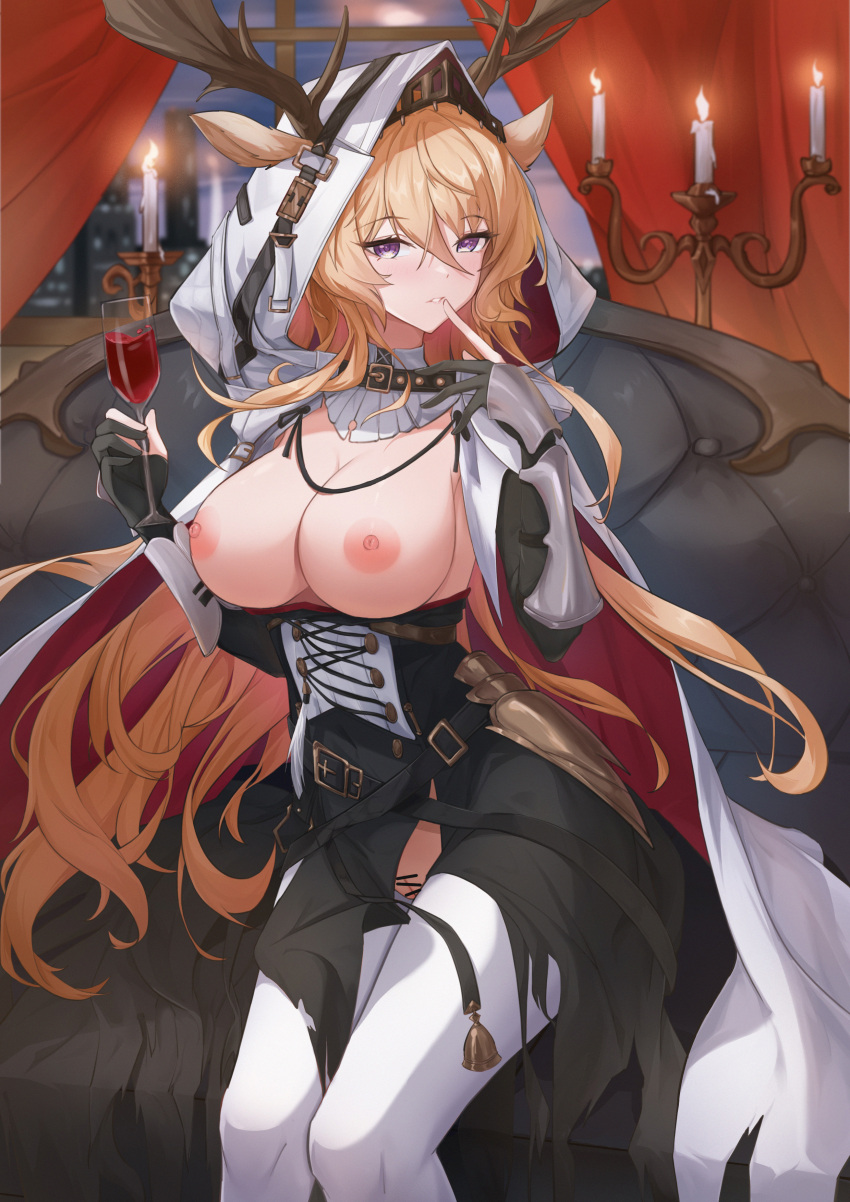 1girl absurdres animal_ears antlers antlers_through_hood arknights bar_censor black_dress blonde_hair blush breasts breasts_out candle cape censored cleavage couch crotch_cutout cup deer_antlers deer_ears deer_girl dress drinking_glass ears_through_hood feet_out_of_frame finger_to_mouth fire gauntlets gloves highres holding holding_cup hood hood_up hooded_cape index_finger_raised indoors large_breasts long_hair looking_at_viewer night nipples on_couch partially_fingerless_gloves purple_eyes pussy red_curtains sitting sktre12 solo variant_set very_long_hair viviana_(arknights) white_cape window wine_glass