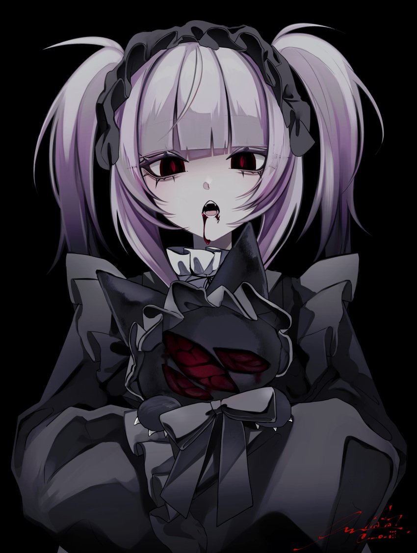 1girl 402_(o0_xxx) absurdres black_background black_bow black_bowtie black_dress black_eyes black_headwear blood blood_on_face blunt_bangs bow bowtie commentary dress fangs frilled_dress frills gothic gothic_lolita highres holding lolita_fashion looking_at_viewer medium_hair open_mouth original red_pupils signature simple_background solo symbol-only_commentary twintails white_background white_hair