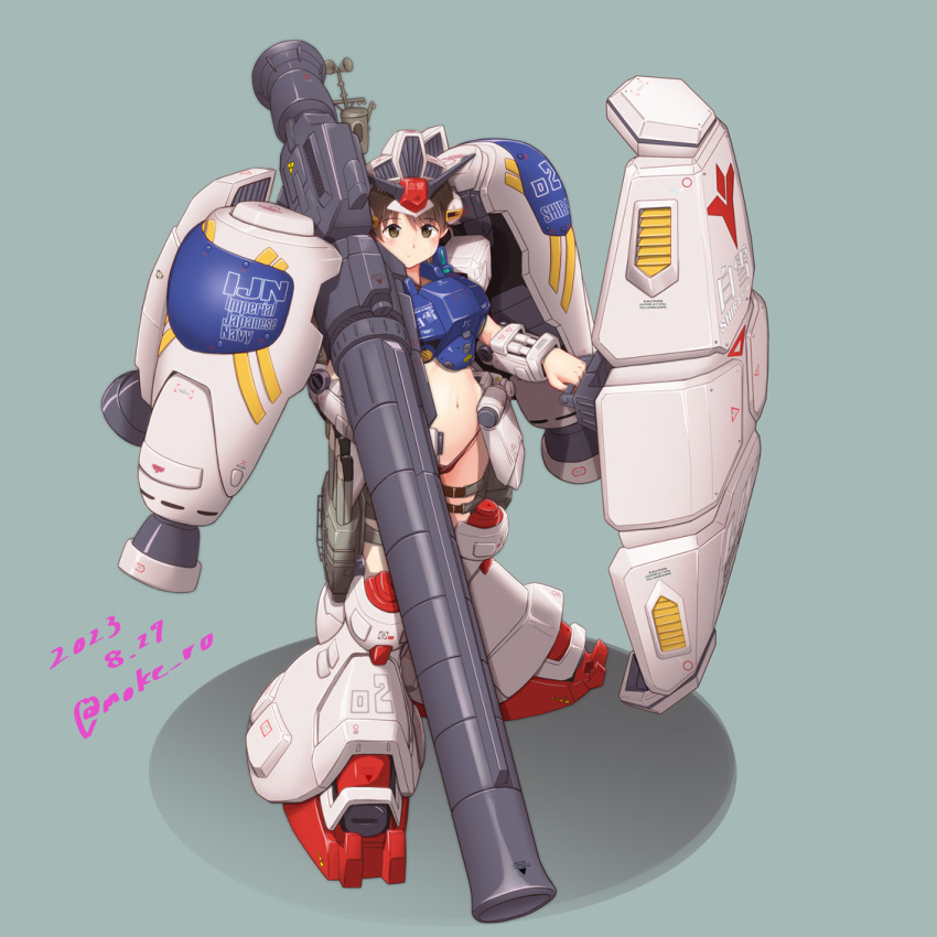 1girl brown_eyes brown_hair cosplay dated grey_background gundam gundam_0083 gundam_gp-02_physalis helmet kantai_collection looking_at_viewer m1_bazooka mecha_musume moke_ro one-piece_swimsuit red_one-piece_swimsuit rocket_launcher shield shirayuki_(kancolle) short_hair simple_background slingshot_swimsuit solo swimsuit twitter_username weapon